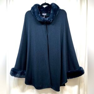 NWT BASLER Cardigan Poncho Cape Navy Blue Knit Faux Fur Size 44 US 12-14 XXL